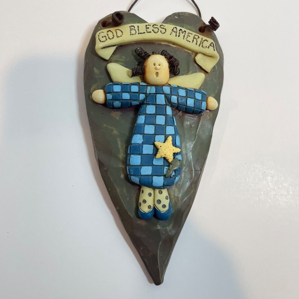 God Bless America Heart-Shaped Hanging Plaque with Angel Design 8" Tall